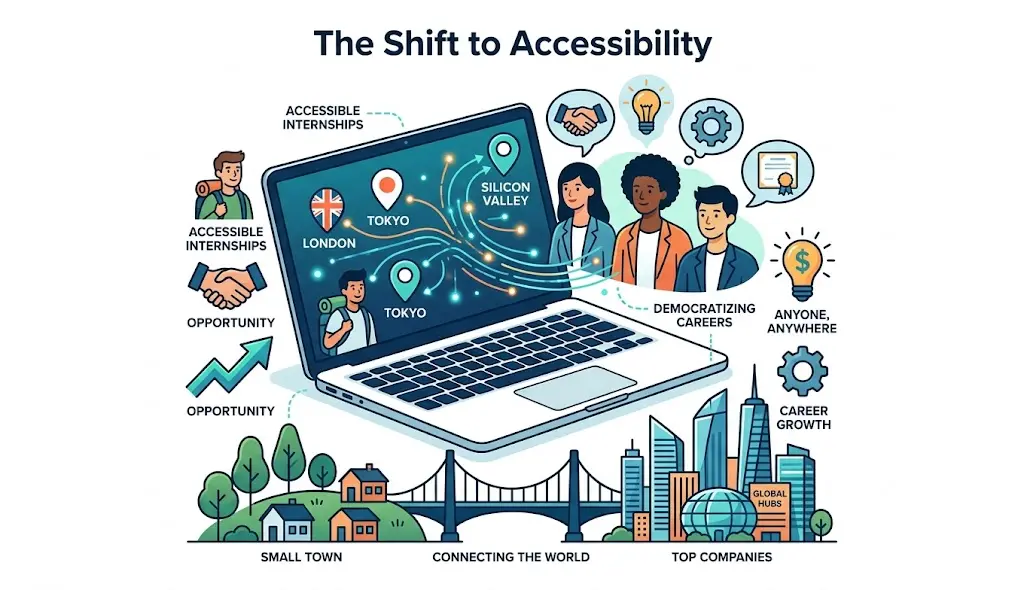 An infographic titled "The Shift to Accessibility" illustrating how virtual internships connect a small town to global tech hubs like Silicon Valley, London, and Tokyo via a central laptop.