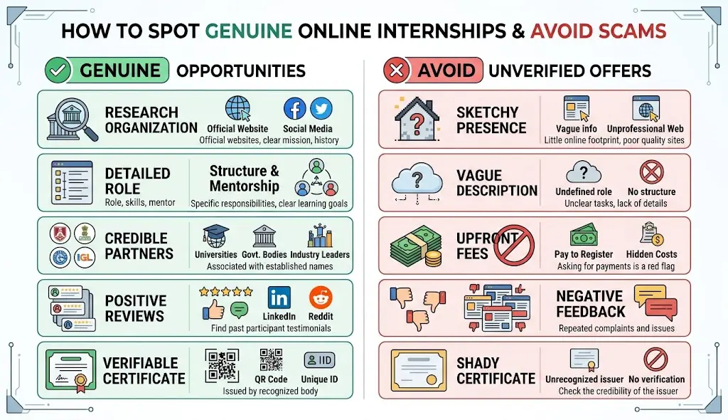 How to spot genuine online internships and avoid scams, showing signs of legitimate and unverified opportunities.