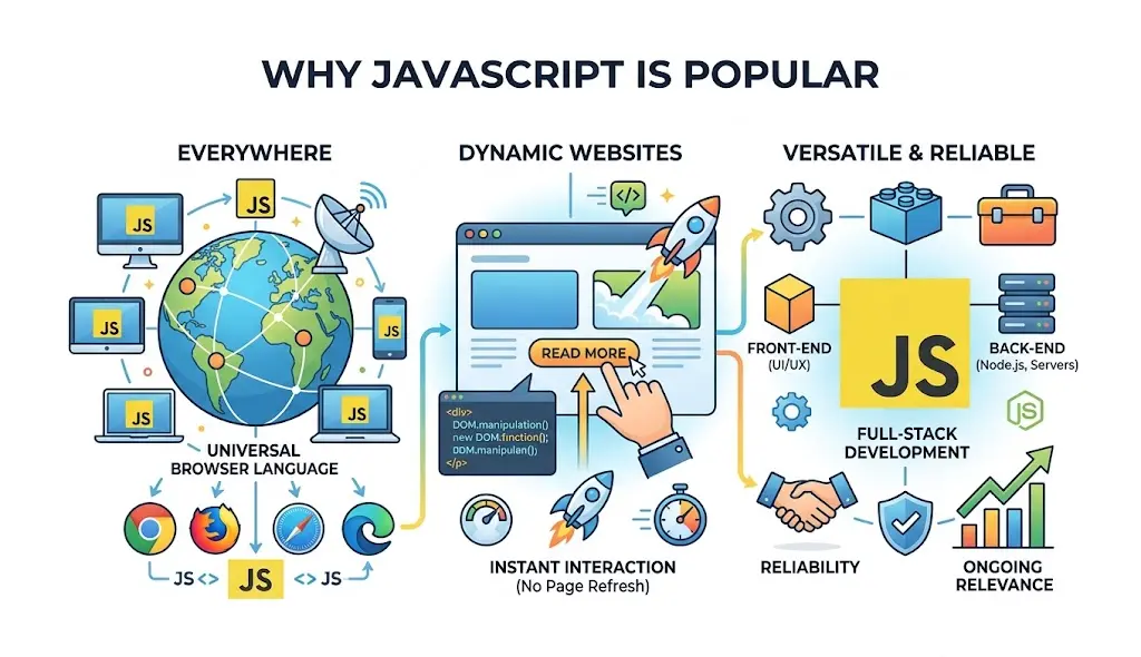Infographic showing why JavaScript is popular, highlighting its universal browser use, dynamic websites, versatility, front-end and back-end development, full-stack capabilities, reliability, and ongoing relevance.