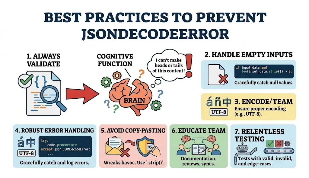 Infographic showing best practices to prevent JSONDecodeError, including validating JSON, handling empty inputs, using UTF-8 encoding, robust error handling, avoiding copy-pasting errors, educating teams, and thorough testing.