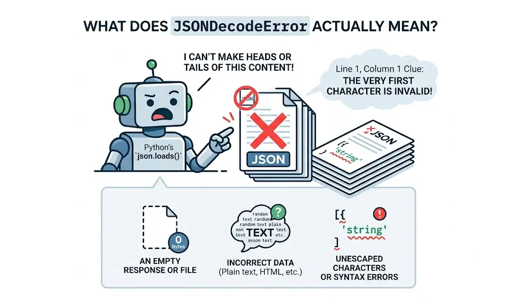 Infographic explaining what a JSONDecodeError means, showing invalid JSON caused by empty files, incorrect data, unescaped characters, or syntax errors.