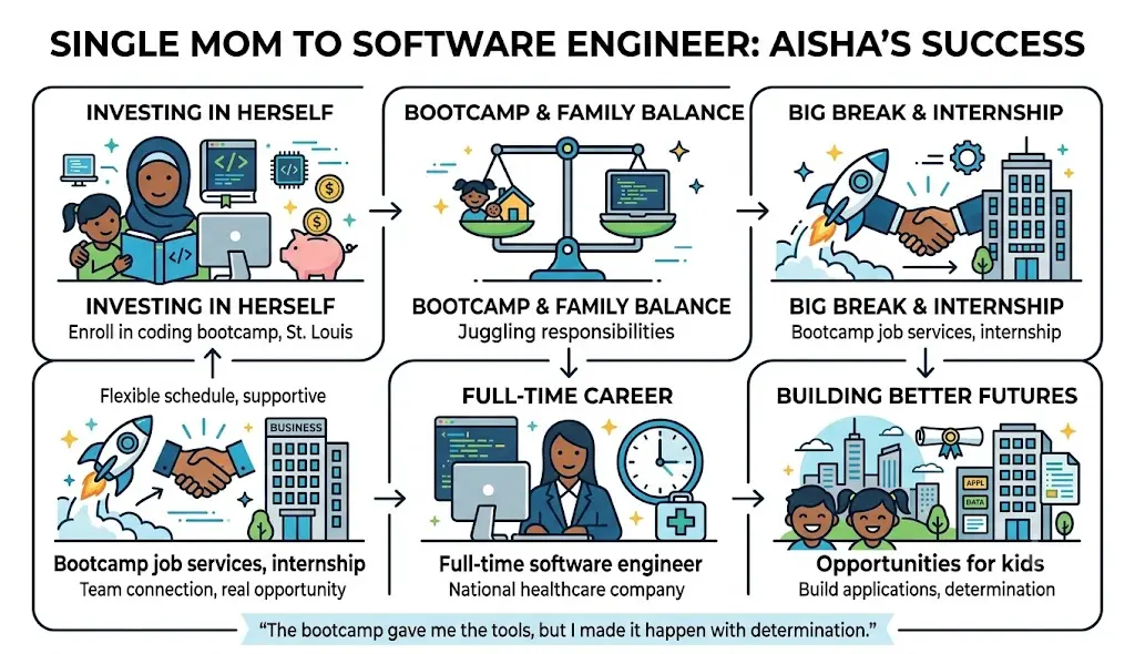 Aisha’s journey from coding bootcamp to software engineer.