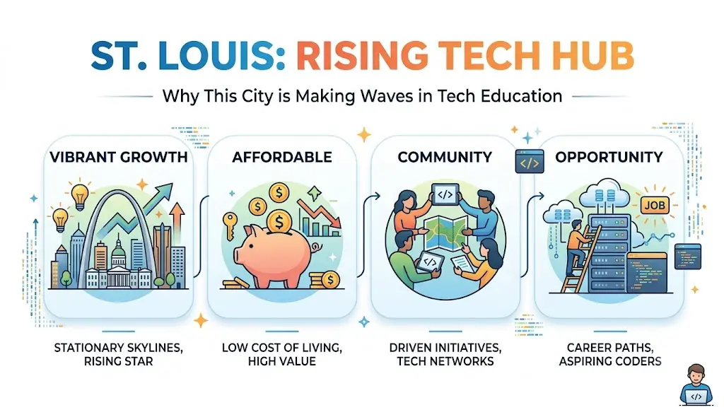 St. Louis rising tech hub with affordable education and career opportunities.