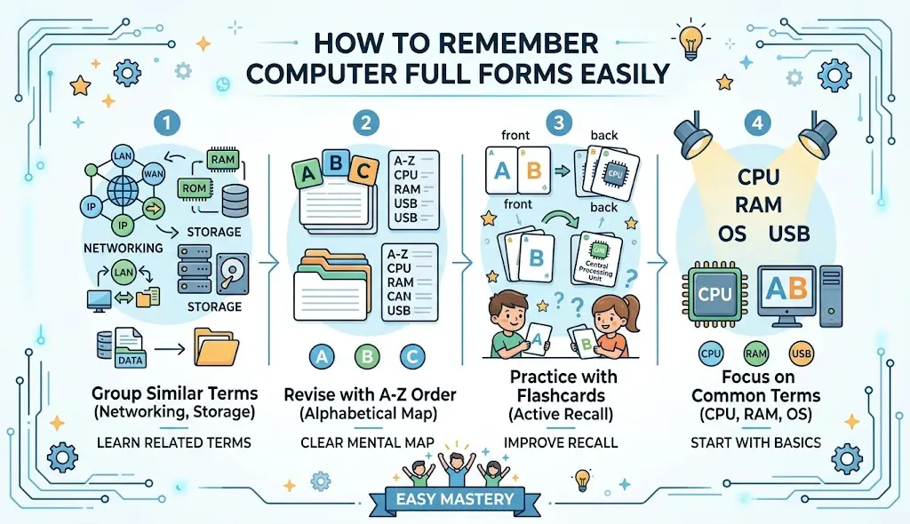 An infographic titled "How to Remember Computer Full Forms Easily" illustrating four steps: Group Similar Terms, Revise with A-Z Order, Practice with Flashcards, and Focus on Common Terms.