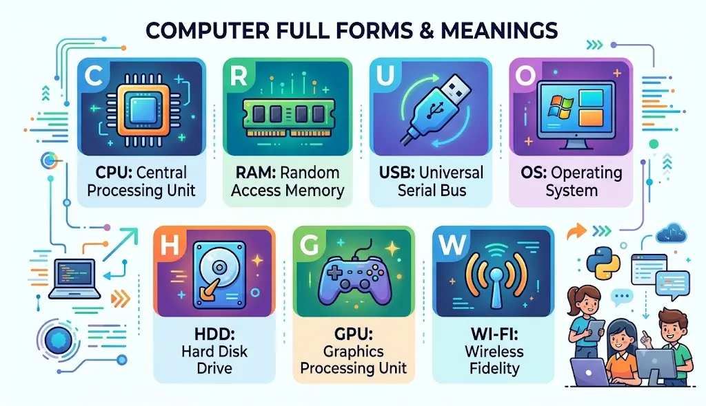 An educational graphic showing common computer full forms (CPU, RAM, USB, OS, HDD, GPU, Wi-Fi) with tech icons on a white background.