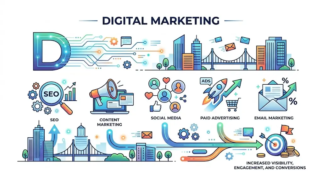 An infographic titled "Digital Marketing" featuring key strategy icons for SEO, Content Marketing, Social Media, Paid Advertising, and Email Marketing