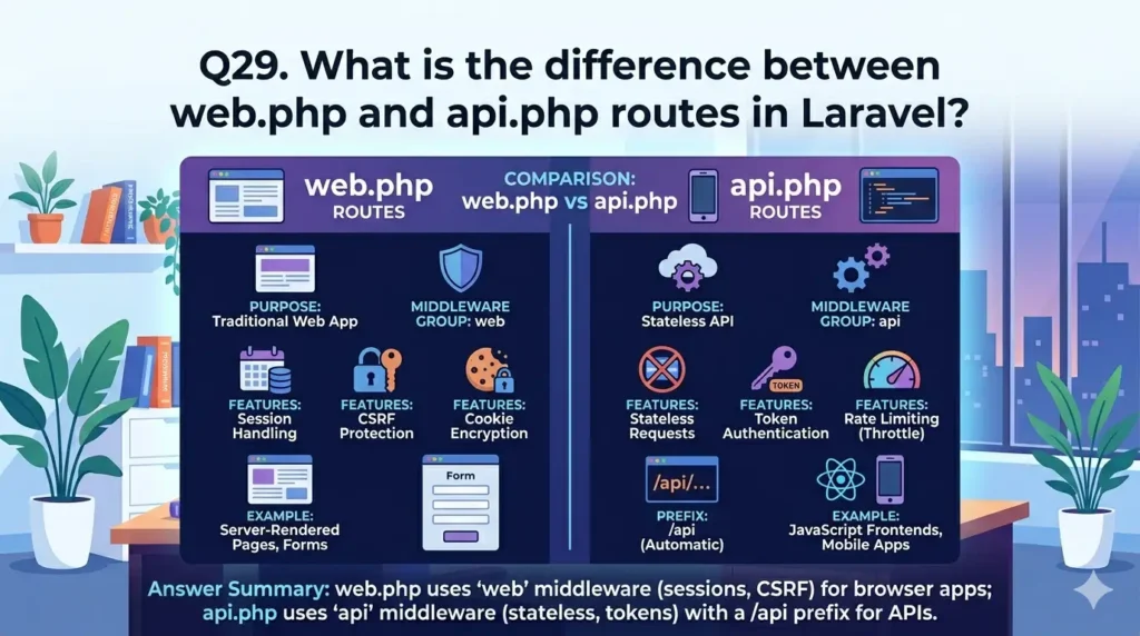What is the difference between web.php and api.php routes in Laravel? What is the difference between web.php and api.php routes in Laravel?