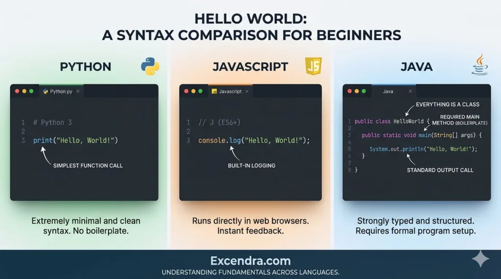 Image comparing Python, JavaScript, and Java syntax for a simple "Hello World"