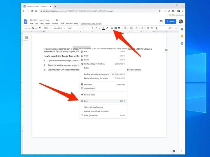 Google Docs interface showing selected text and the Link option in the menu for inserting a hyperlink into a document.