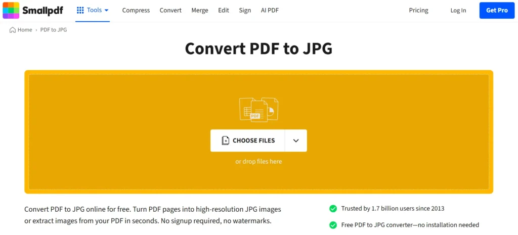 Screenshot of the Smallpdf PDF to JPG converter webpage showing a large yellow file upload area with a 'Choose Files' button, navigation menu options such as Compress, Convert, Merge, Edit, and Sign, and information about converting PDF files into high-resolution JPG images online.