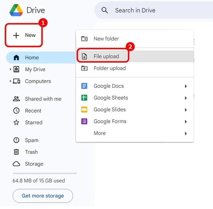 Google Drive interface showing how to upload a file using the New button and File Upload option.