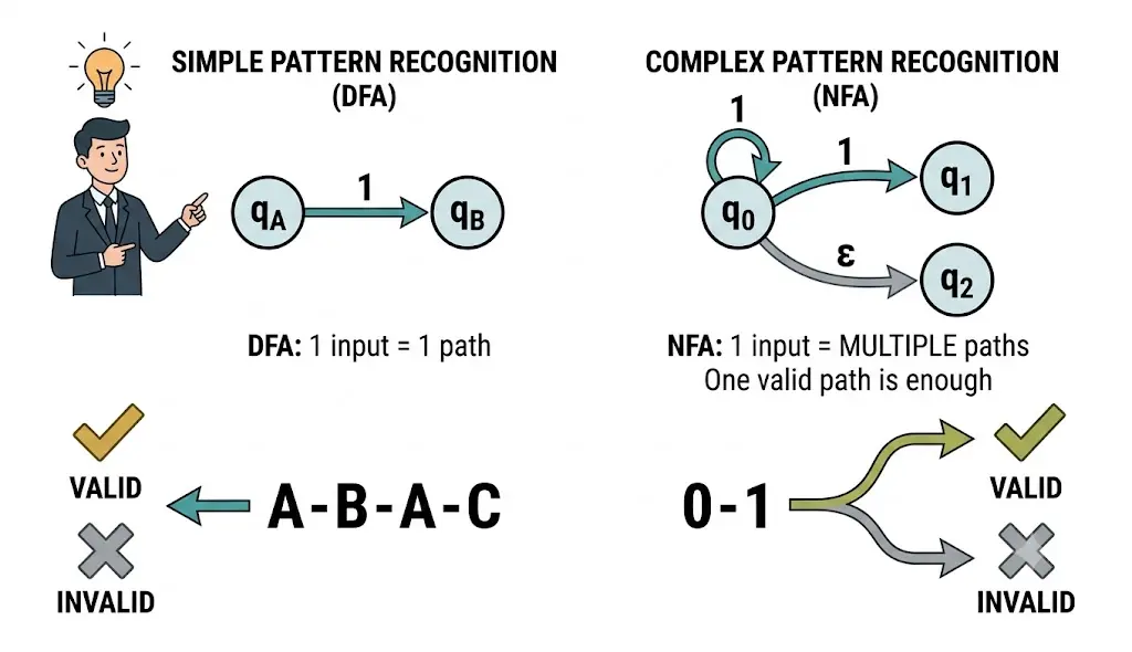 DFA vs NFA comparison showing single-path deterministic transitions versus multiple-path nondeterministic transitions for pattern recognition.