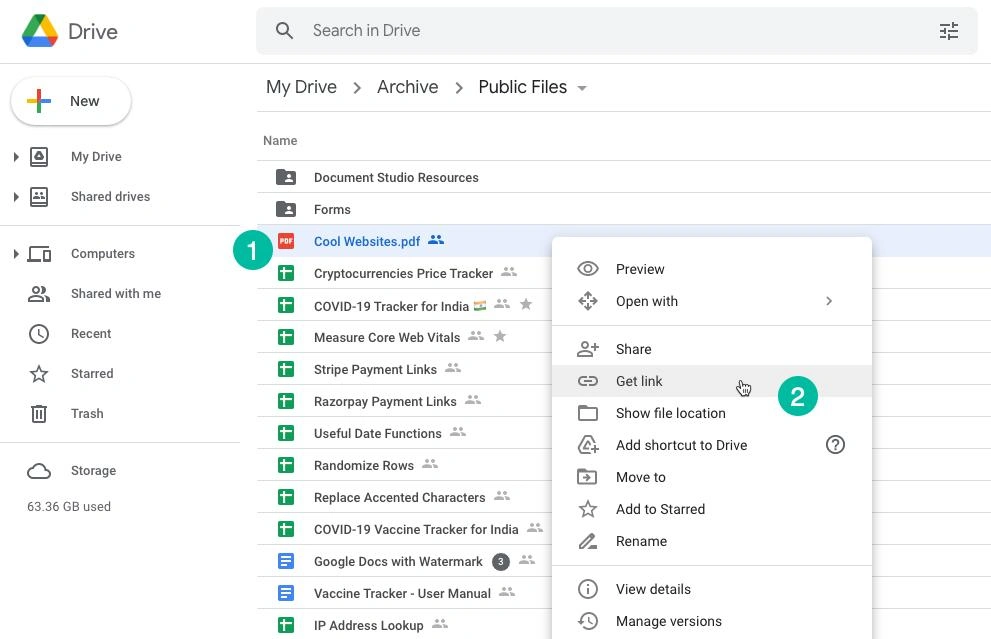 Google Drive interface with a PDF file selected and the “Get link” option highlighted in the right-click menu for sharing a PDF link.