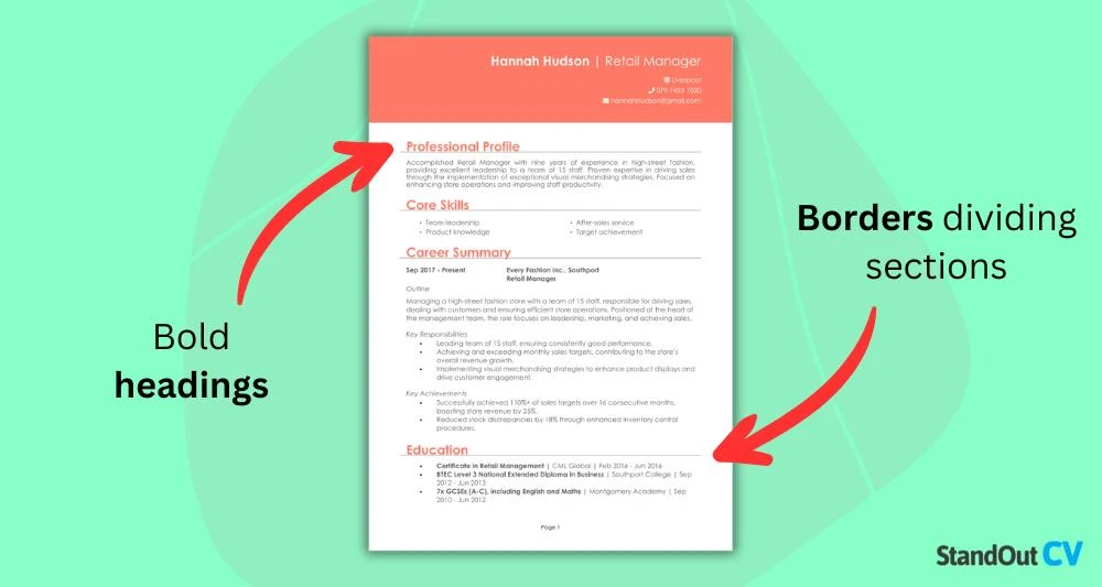 Professional resume layout showing bold headings and section borders that enhance resume structure and readability.