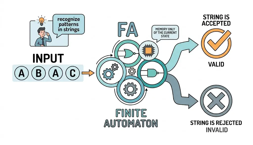Finite automaton processing input symbols and accepting or rejecting a string based on state transitions.