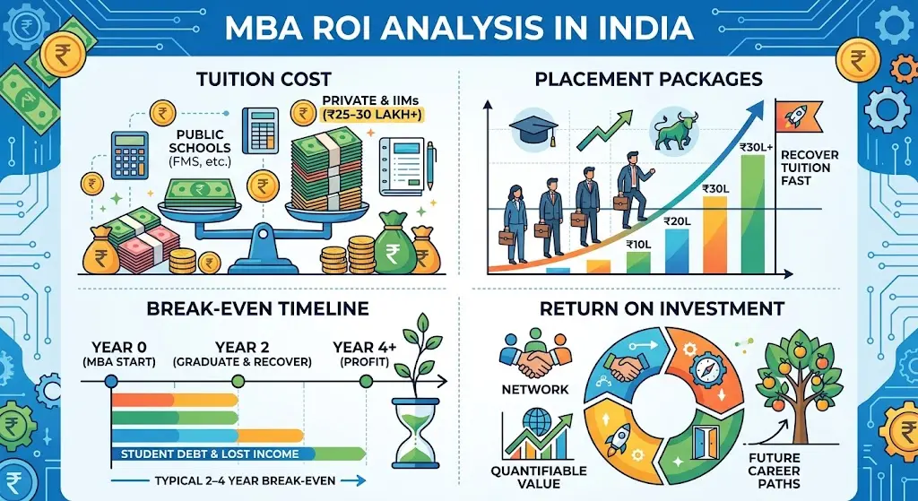Infographic showing MBA ROI in India, including tuition costs, placement packages, break-even timeline, and career returns.