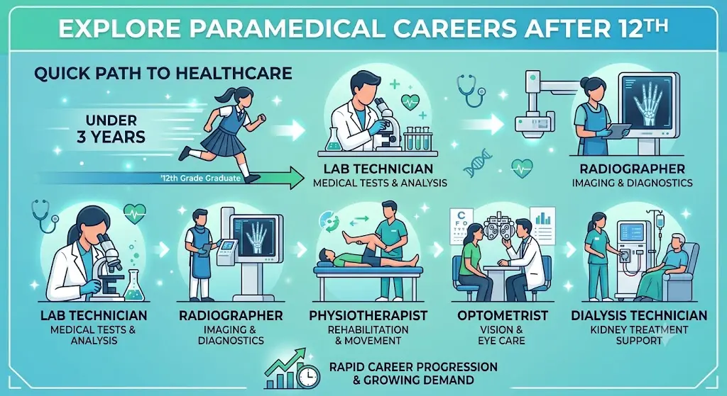 Infographic showing top paramedical career options after 12th, including lab technician, radiographer, physiotherapist, optometrist, and dialysis technician.