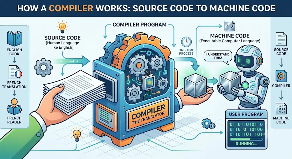 Infographic illustrating how a compiler converts source code into machine code through compilation, enabling a computer to execute the program.