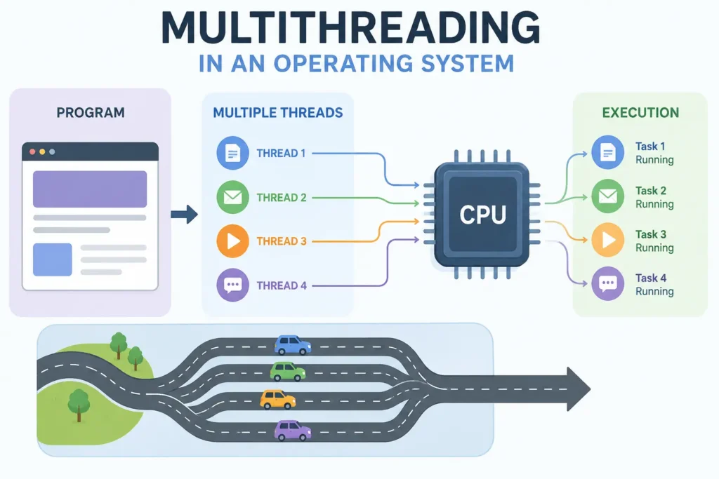 Diagram showing how multithreading in an operating system uses multiple threads to execute tasks simultaneously on a CPU.