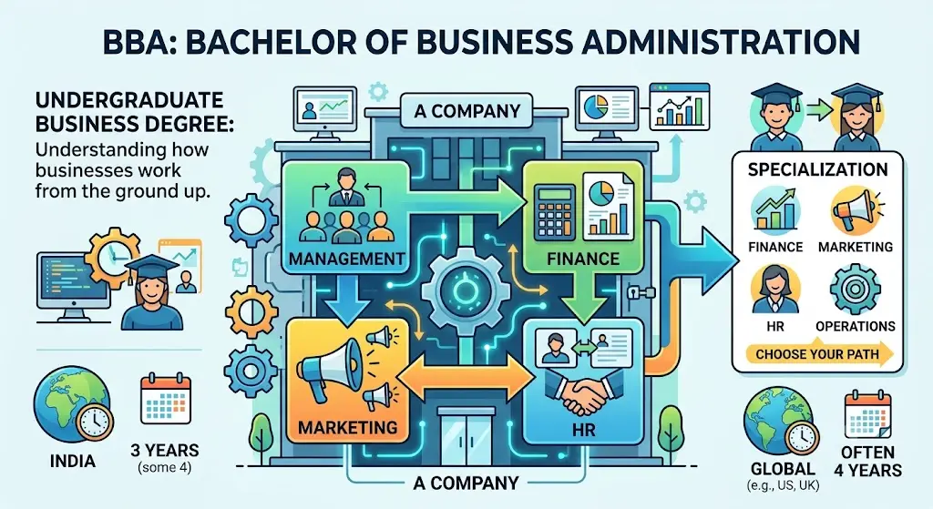 Infographic explaining the BBA degree, covering management, finance, marketing, HR, and specialization options.