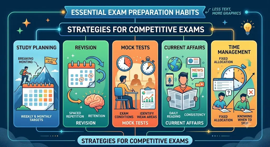 Infographic showing essential exam preparation habits, including study planning, revision, mock tests, current affairs, and time management strategies for competitive exams.