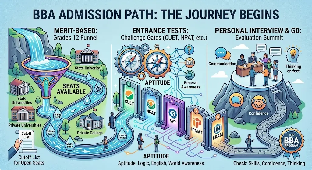 Infographic showing the BBA admission process, including merit-based admission, entrance exams, and personal interview stages.
