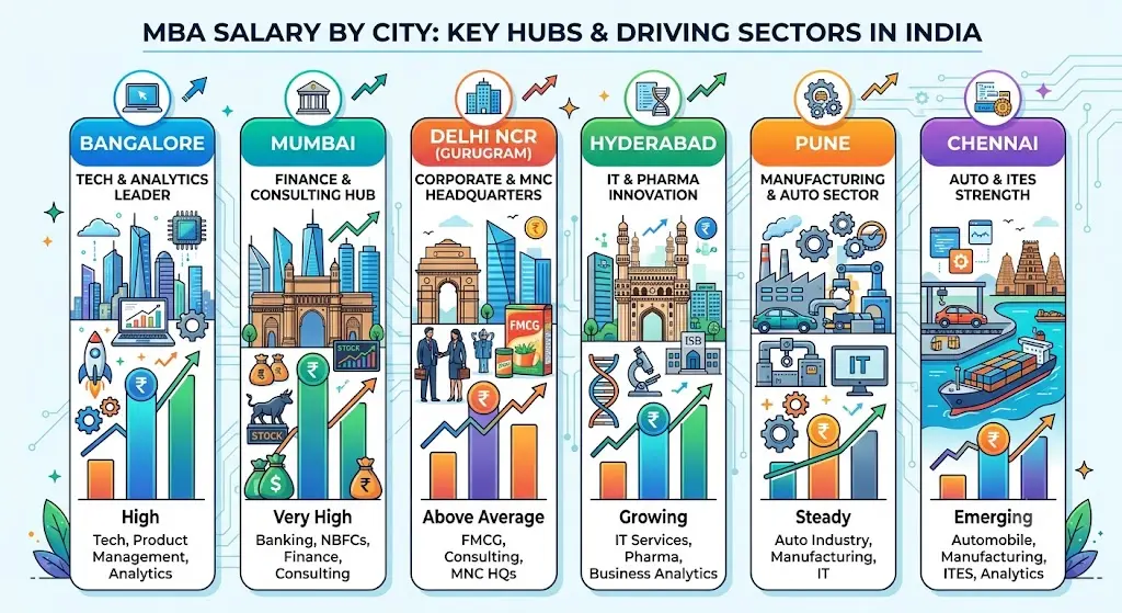 Infographic comparing MBA salary opportunities across major Indian cities by industry and career growth.