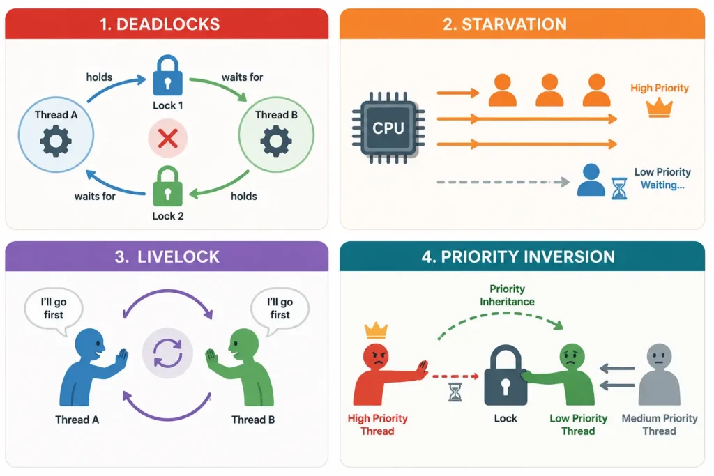 Infographic comparing common multithreading problems: deadlock, starvation, livelock, and priority inversion in operating systems.