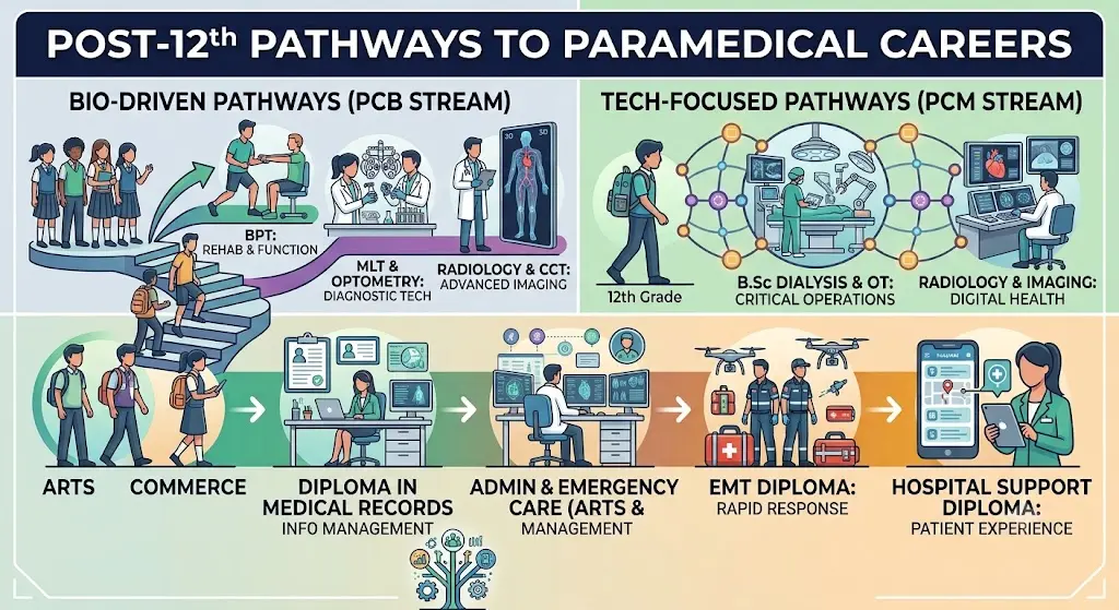 Infographic showing post-12th paramedical career pathways for PCB, PCM, Arts, and Commerce students with course and career options.