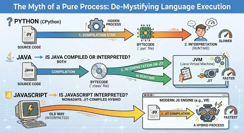 Infographic comparing Python, Java, and JavaScript execution, showing compilation, bytecode, interpretation, and JIT compilation workflows.