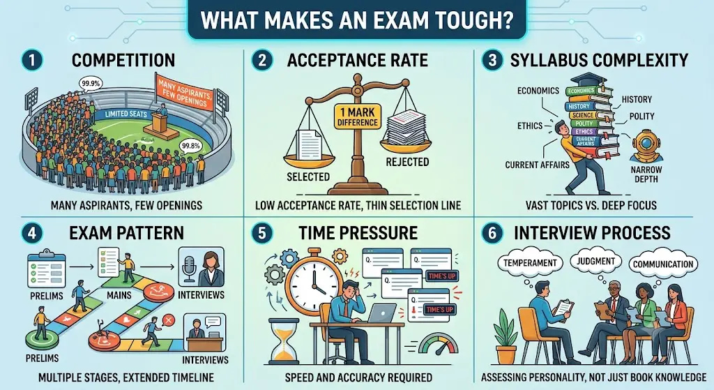 Infographic explaining what makes an exam tough, covering competition, acceptance rate, syllabus complexity, exam pattern, time pressure, and the interview process.