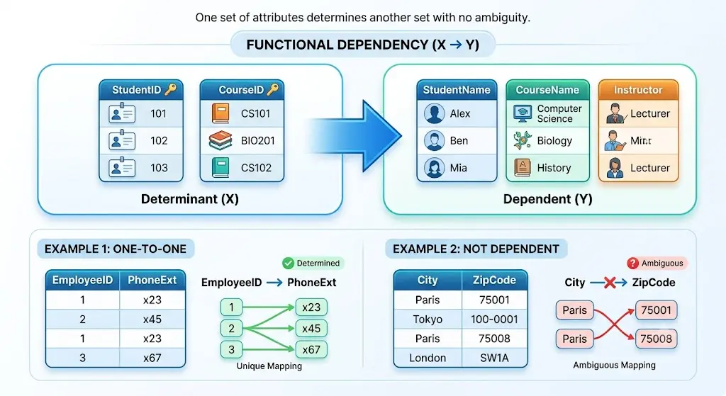 Functional dependency diagram showing determinant and dependent attributes with one-to-one and ambiguous mapping examples in DBMS.