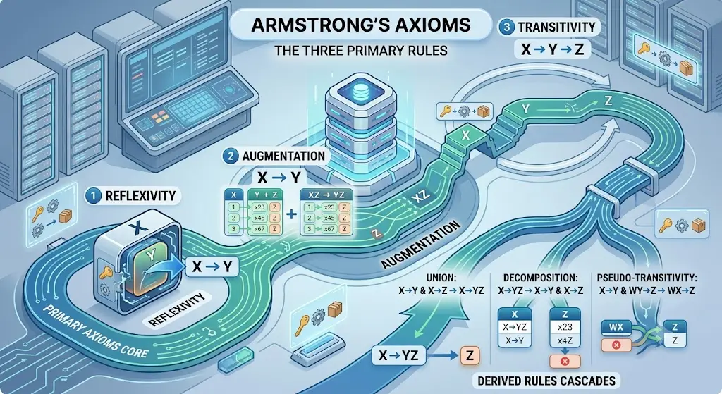 Armstrong’s Axioms infographic illustrating reflexivity, augmentation, transitivity, and derived functional dependency rules in DBMS.