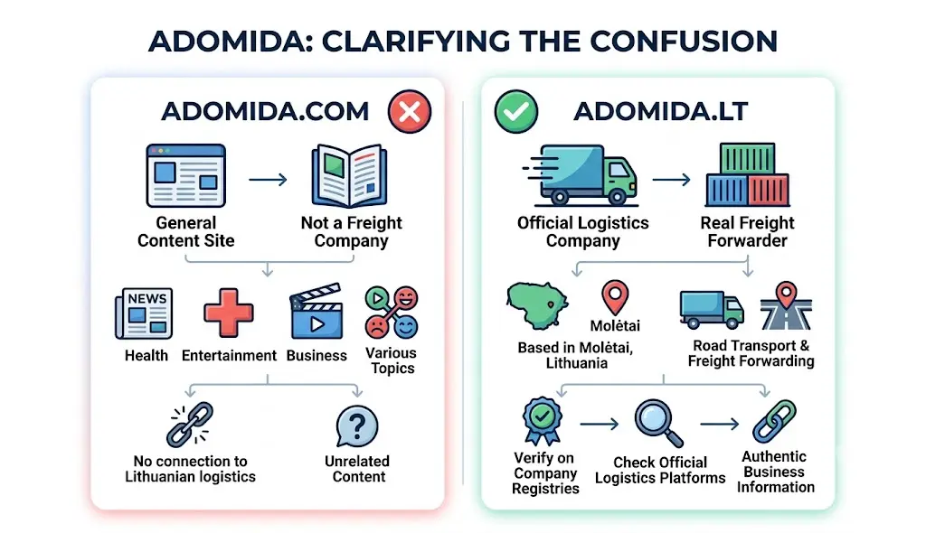 Adomida.com vs Adomida.lt infographic comparing a general content site with the official Lithuanian logistics company.