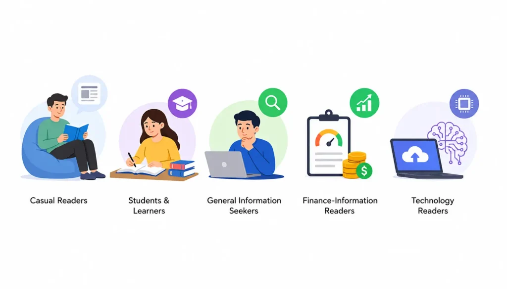 Fox Finy audience infographic showing casual readers, students, information seekers, finance readers, and technology readers.