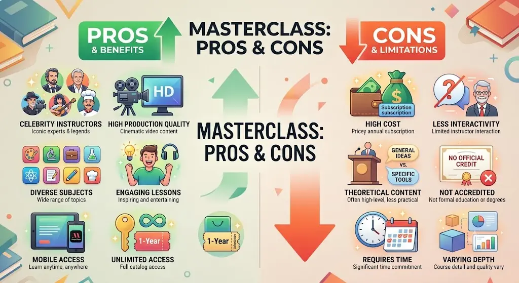 MasterClass pros and cons comparison infographic.