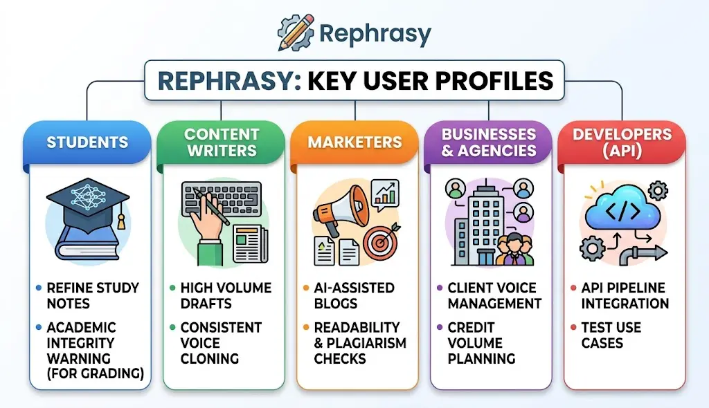 Rephrasy user profiles infographic showing use cases for students, content writers, marketers, businesses and agencies, and developers.