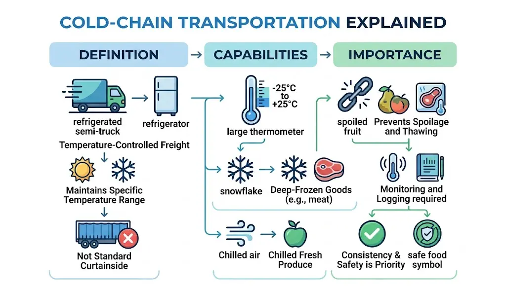 Cold-chain transportation infographic showing refrigerated freight, temperature control, chilled and frozen goods, monitoring, and food safety.