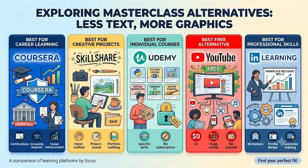 MasterClass alternatives comparison infographic.