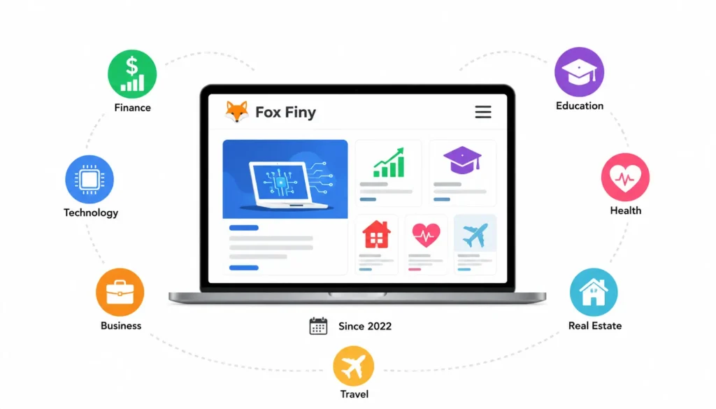 Fox Finy digital magazine homepage with icons representing finance, technology, business, education, health, real estate, and travel.