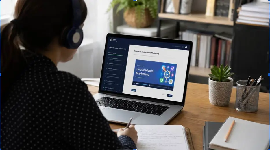 Woman taking an online digital marketing course on a laptop at home.
