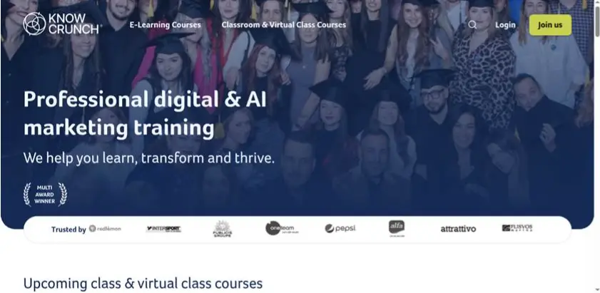 KnowCrunch website homepage promoting professional digital and AI marketing training courses.