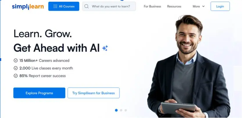 Simplilearn website homepage promoting AI-powered learning and career development programs.