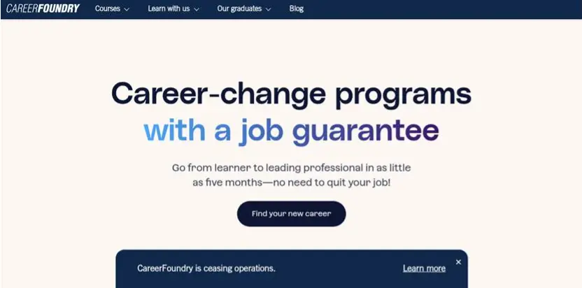 CareerFoundry website promoting career-change programs with a job guarantee.