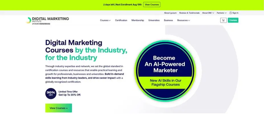 Digital Marketing Institute website promoting industry-focused digital marketing courses and AI-powered marketing skills.