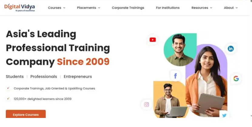 Digital Vidya website promoting professional digital marketing training courses for students, professionals, and entrepreneurs.