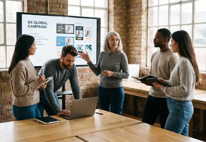 Team collaborating on a global marketing campaign during a workplace presentation.