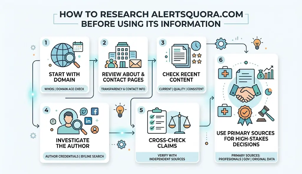 Steps to research and verify Alertsquora.com information.