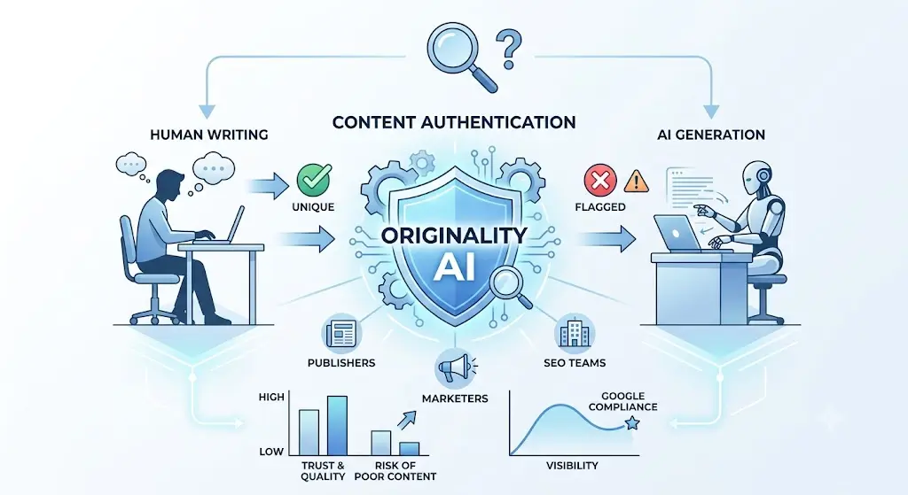 Originality AI content authentication comparing human writing and AI-generated content.