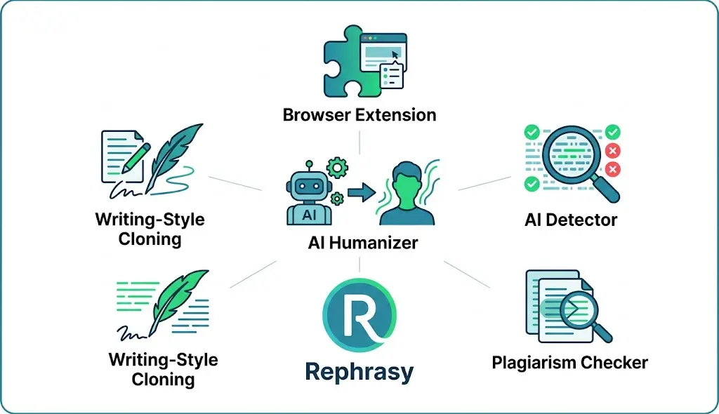 Rephrasy AI humanizer diagram showing writing-style cloning, browser extension, AI detector, and plagiarism checker.